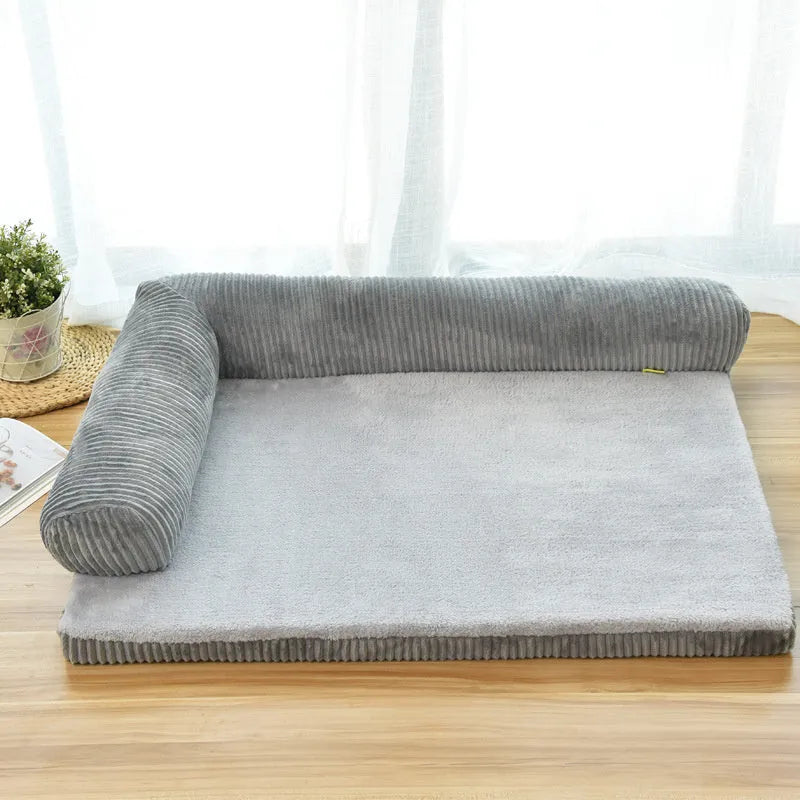 Corduroy bolster dog bed with high-density sponge filling and non-slip base in grey colour