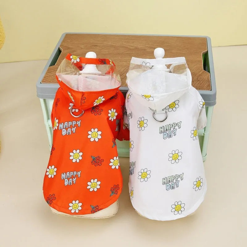 Transparent dog raincoat with pull ring and two-foot coverage in orange or white colour options