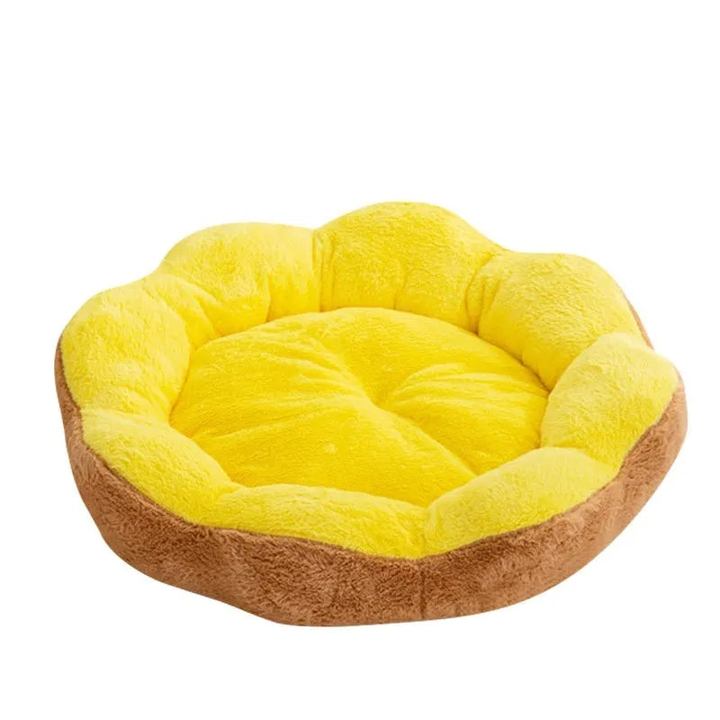 Round plush rabbit cat bed with removable inner nest in brown grey colour, showing deep walls.