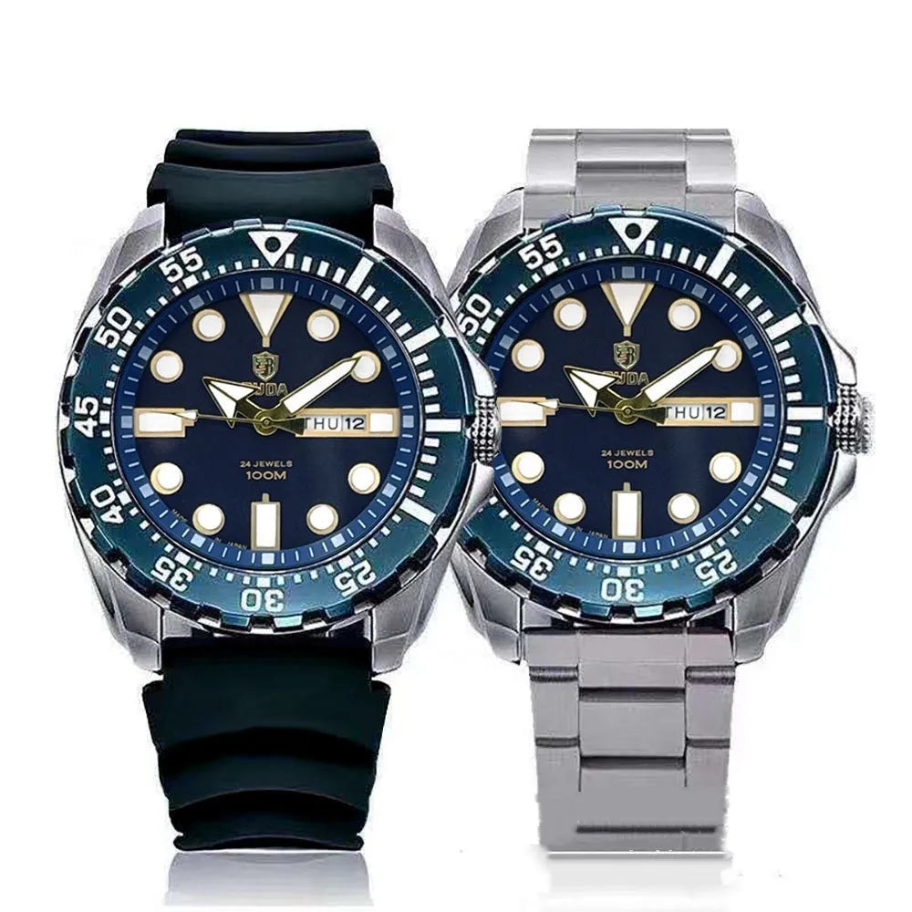 Men's waterproof sports watch with luminous quartz movement and 15mm thickness on wrist