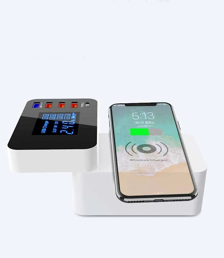 White multi-port USB wall charger with wireless charging pad and UK plug on a 1.5 metre cable.