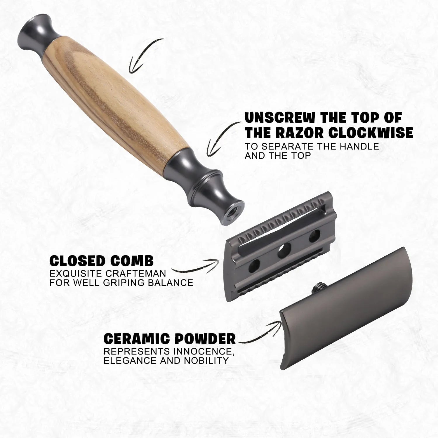 Copper manual shaving razor with olive wood handle and metal construction