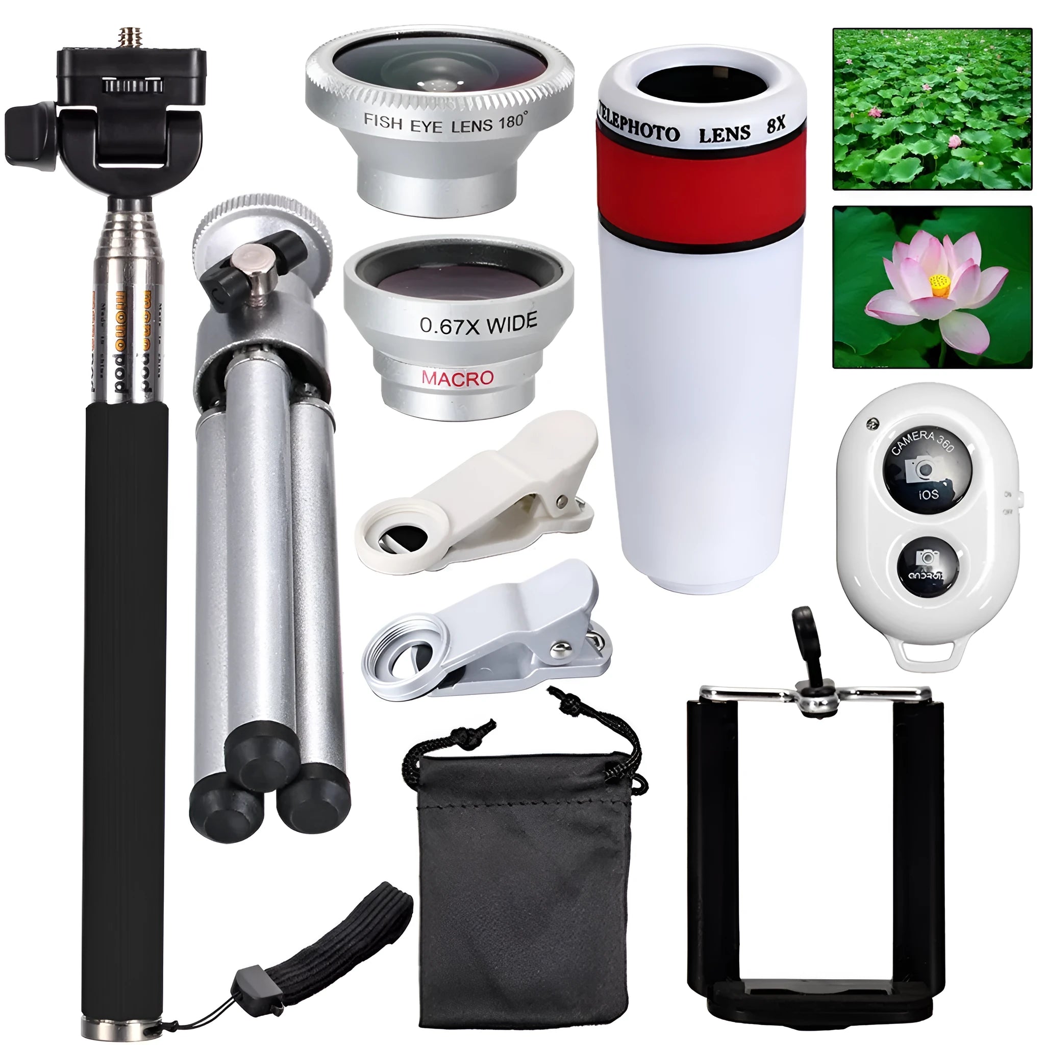 Universal 3-in-1 telephoto lens kit with 8x magnification, fisheye wide-angle macro set, and Bluetooth self-timer for mobile phones