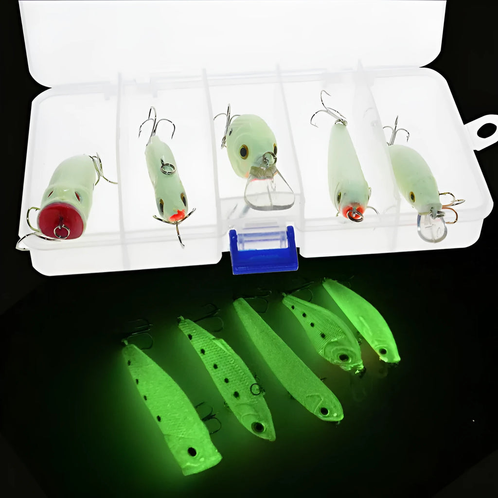 Set of five 3D fluorescent simulation hard bait fishing lures with luminous elements on a blue background.