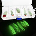 Set of five 3D fluorescent simulation hard bait fishing lures with luminous elements on a blue background.