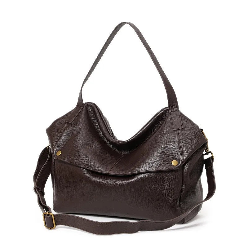 Brown genuine leather women's commuter shoulder bag with a horizontal square shape.
