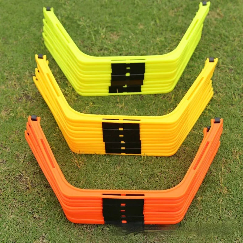Set of six foldable hexagon football agility training rings in yellow, green, and orange colours.