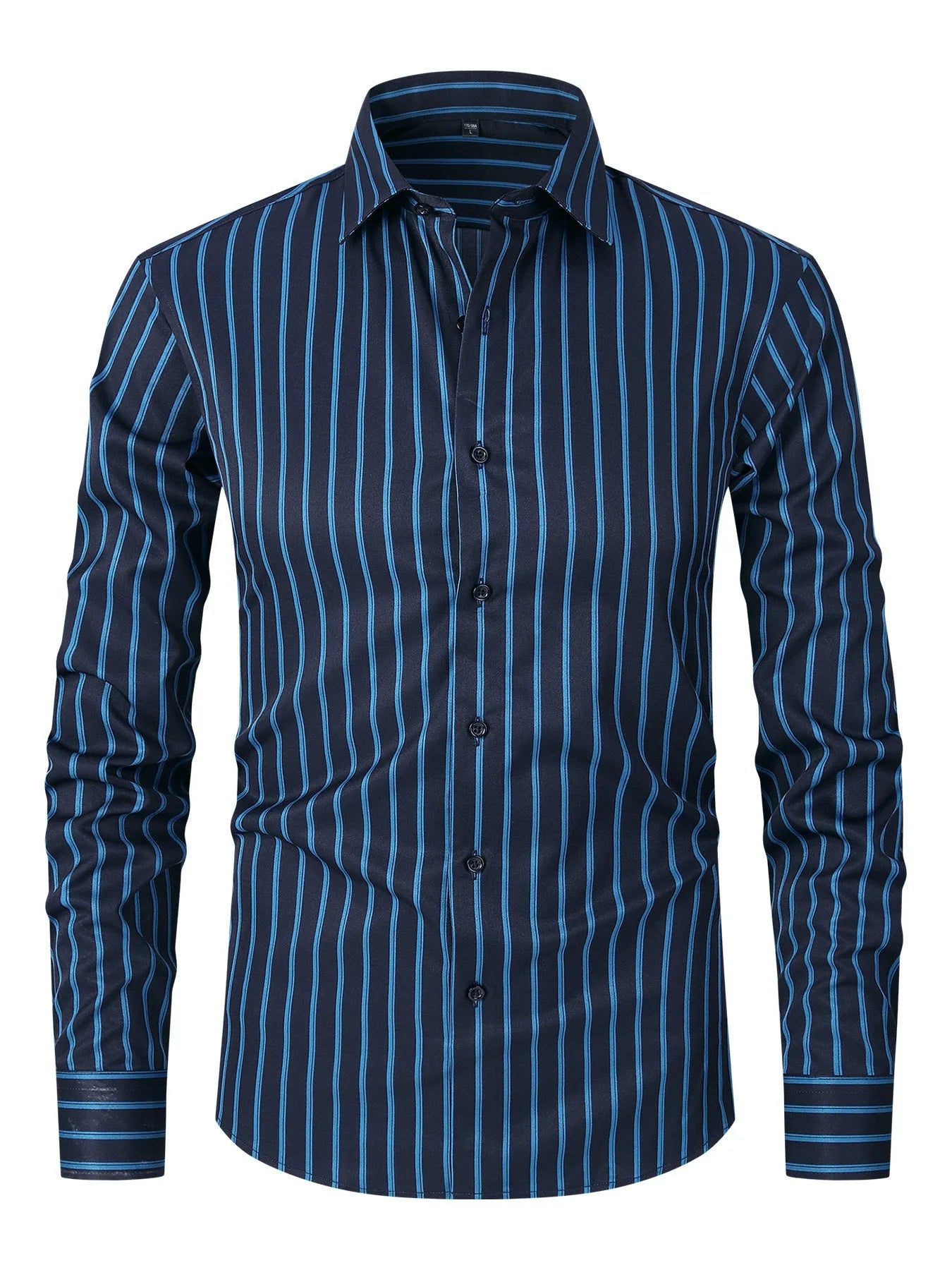 Men's slim-fit long sleeve striped business shirt in a blue and white colour pattern.