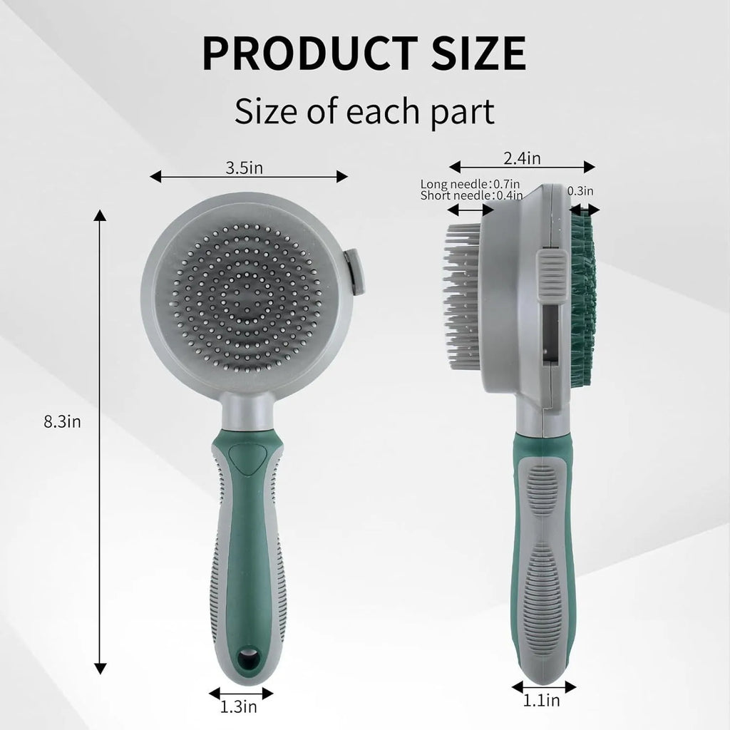 Green and pink 2-in-1 silicone cat hair brush with retractable slicker and massage pins for pet grooming