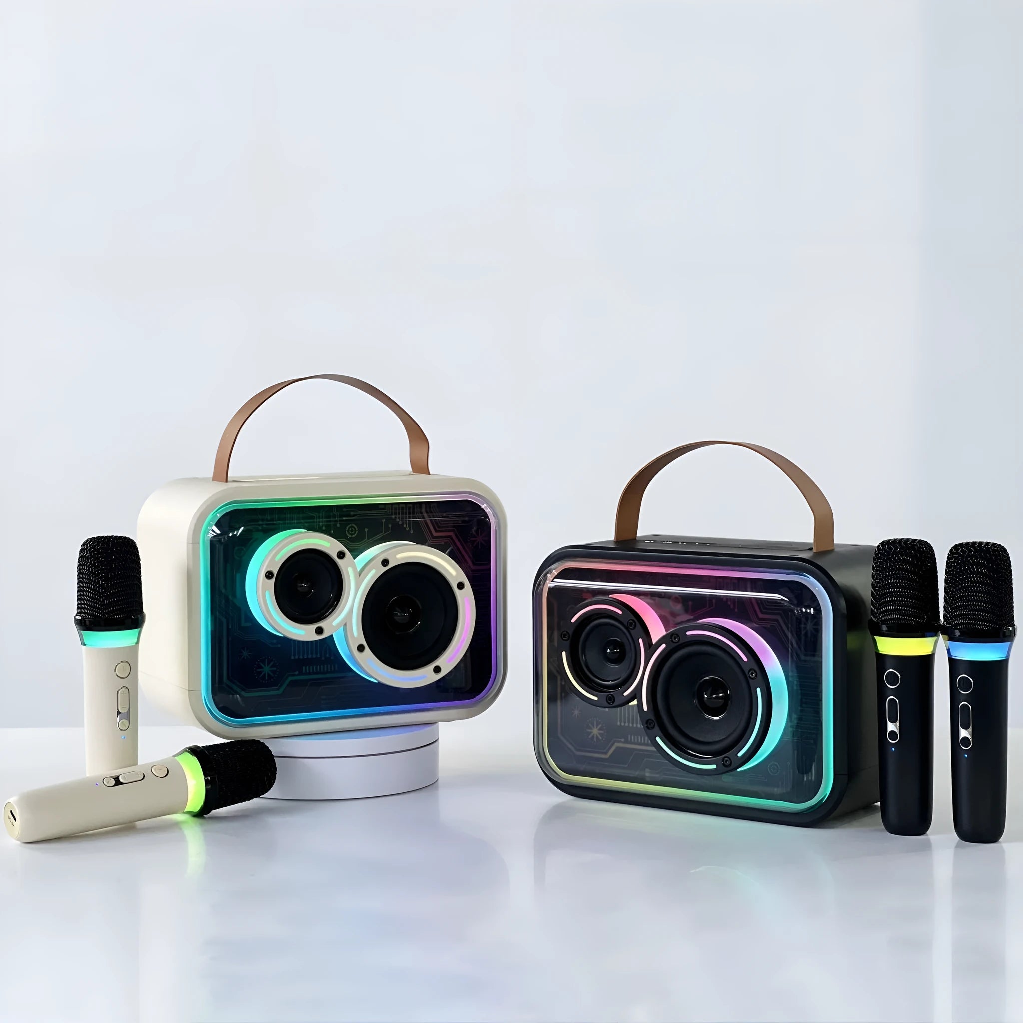 Light yellow portable Bluetooth speaker with RGB lighting and a wireless microphone on a table