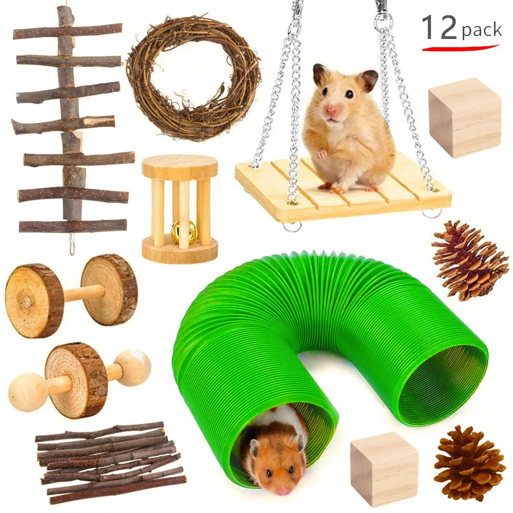 Assortment of natural wooden and woven grass chew toys for small pets like rabbits and guinea pigs