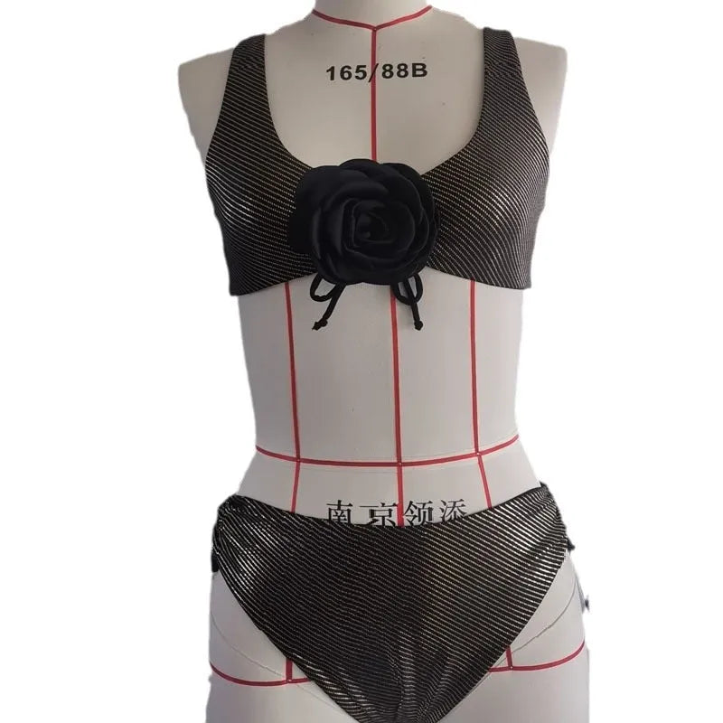 Black women's triangle swimsuit with high-waisted briefs in polyester fabric