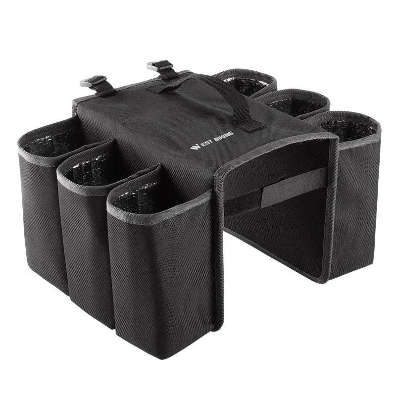 Black and blue orange double-sided bicycle drink bag with 2L capacity made from 600D PVC.