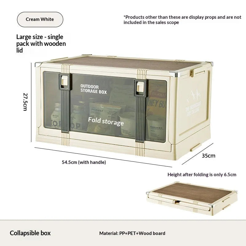 Outdoor camping folding plastic storage box with wooden lid in cream white for car trunk organisation