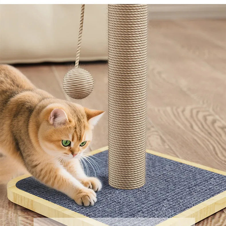 Windmill-style cat climbing frame with carpet leather covering and a white plastic ball hanging on a 40cm cord.