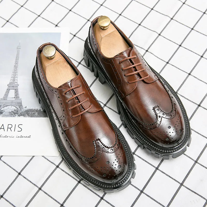 Men's black and brown business brogue shoes with round toe design and artificial leather construction