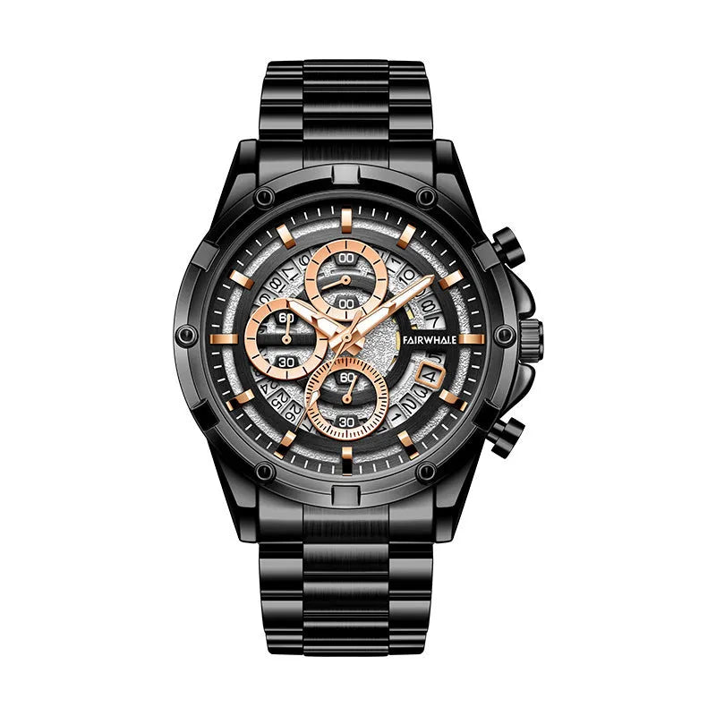 Men's waterproof luminous quartz watch with steel belt in black/blue, black/gold, or silver/white colour options