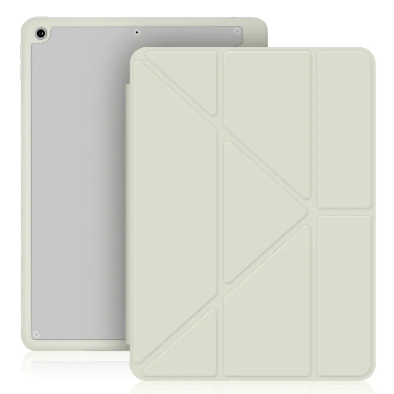 Imitation leather iPad case in dark grey showing folded bracket stand and open pen slot for Apple Pencil.