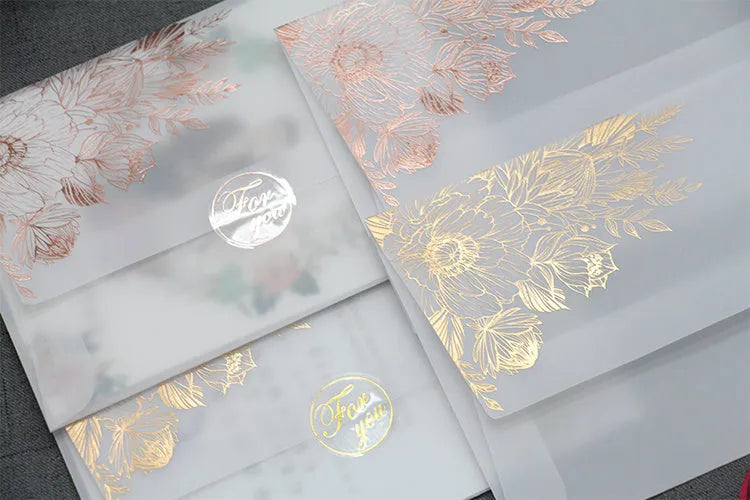 Gold and rose gold sulfuric acid paper invitation cards with bronzing matte varnish finish.