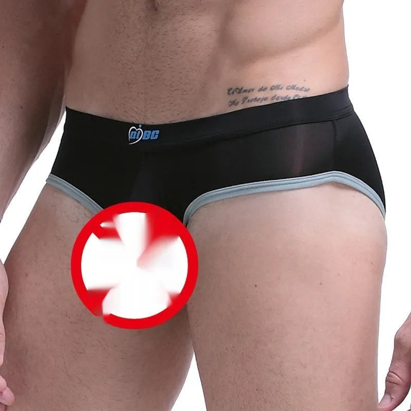 Men's ice silk bullet separation briefs in seven colours including army green, shown in mid-waist style.