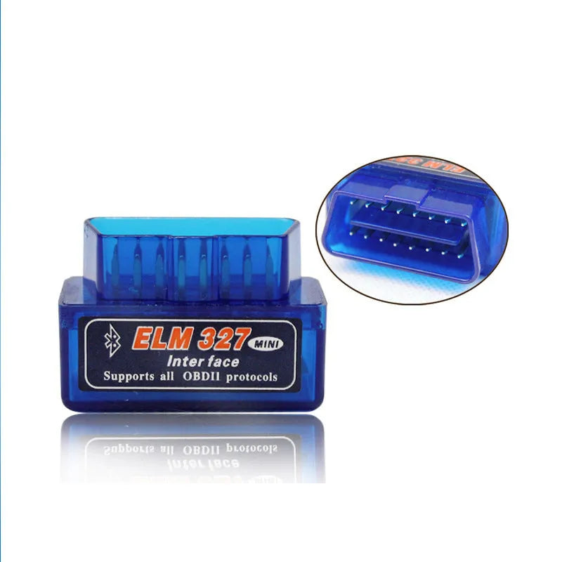 Compact blue and black Bluetooth OBD2 car diagnostic scanner with ELM327 chip.