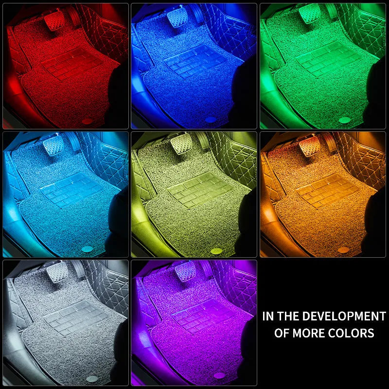Boxed car interior LED atmosphere light kit with voice control and USB cable for APP connection.