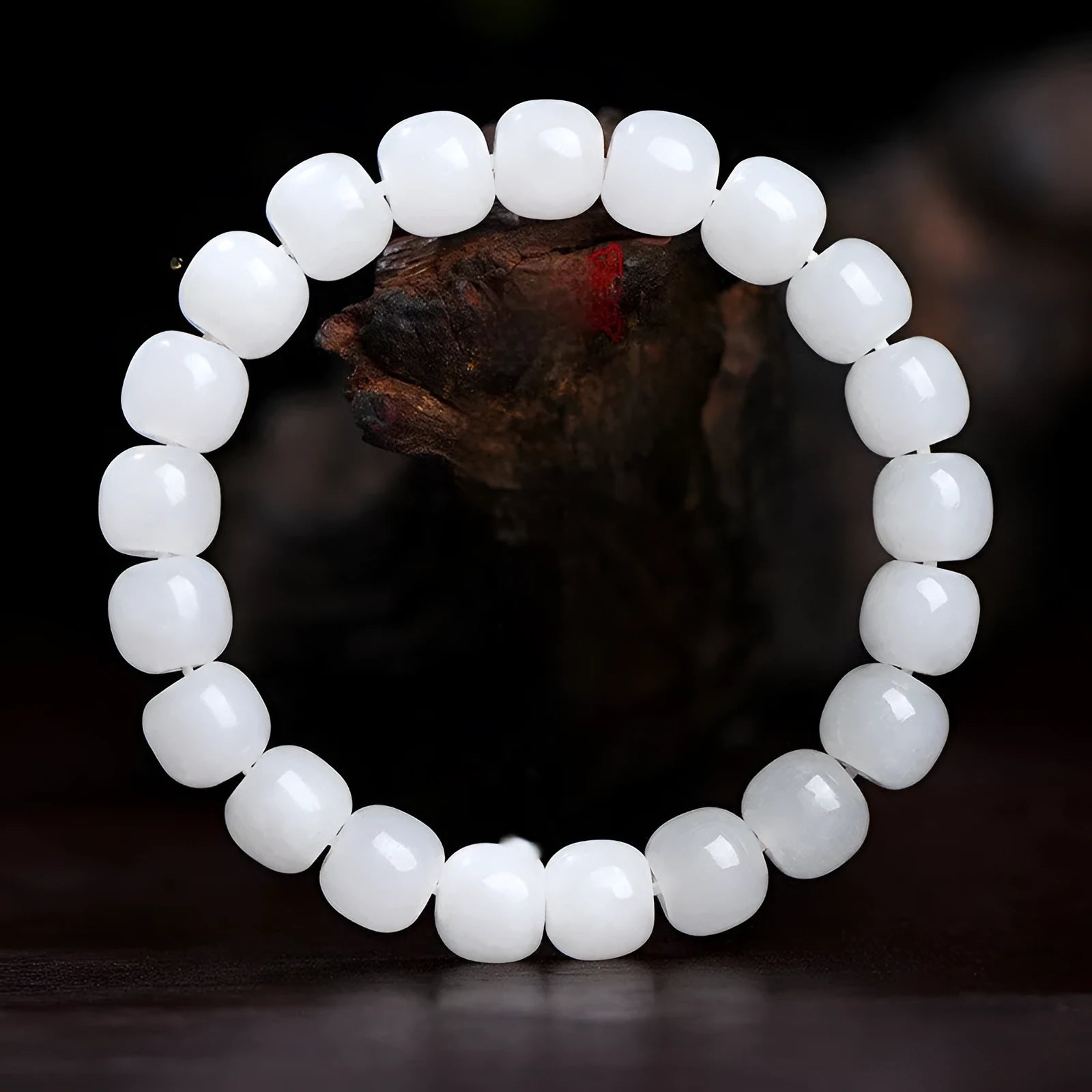White Hetian jade barrel bead bracelet for men and women shown in three bead size options.