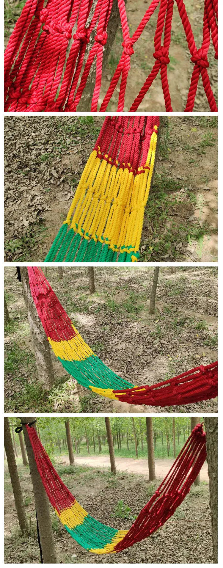 Outdoor bold style nylon rope mesh hammock shown in a garden setting