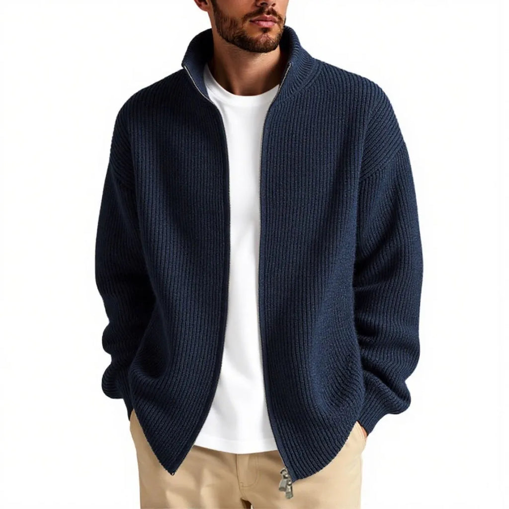 Men's loose fit cardigan sweater in acrylic blend fabric, shown in grey green colour.
