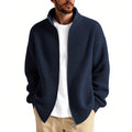 Men's loose fit cardigan sweater in acrylic blend fabric, shown in grey green colour.