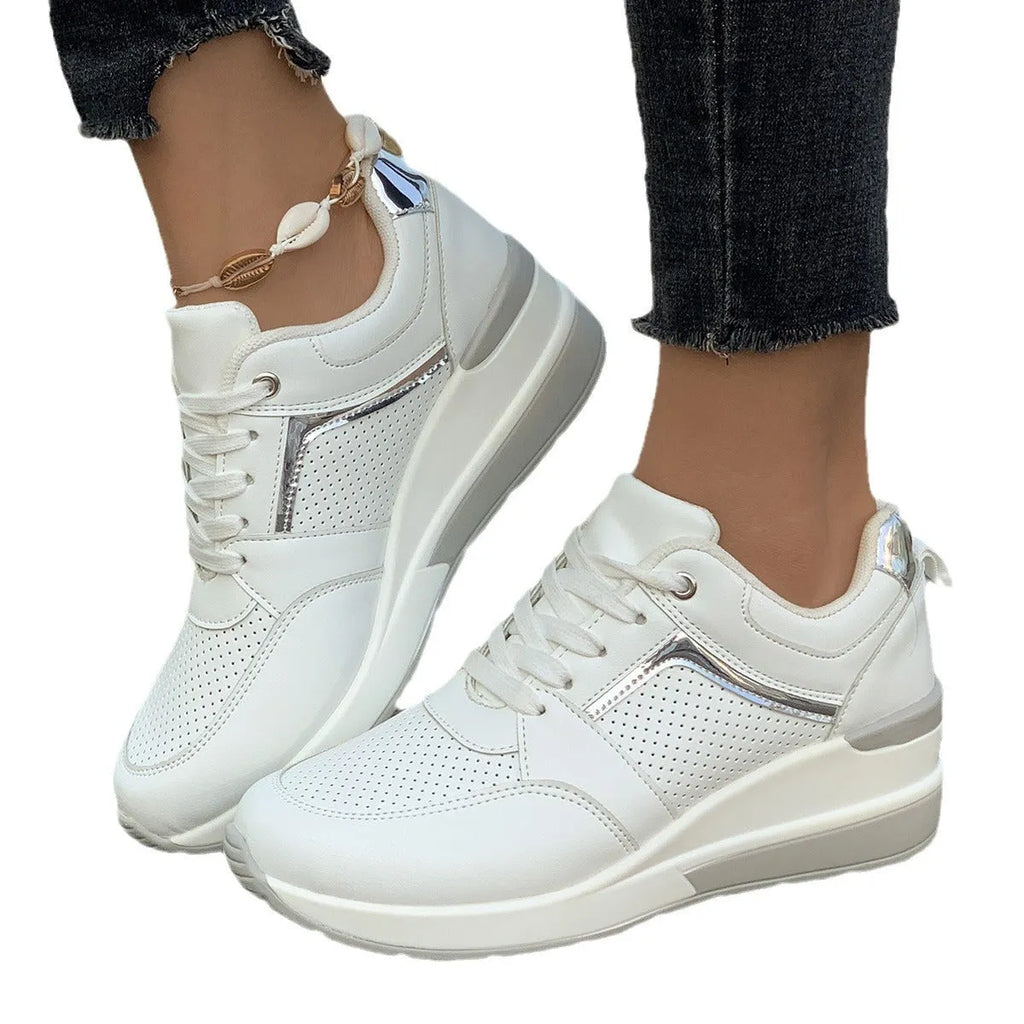 Women's wedge platform casual shoes in PU leather with a lace-up front and rubber sole.