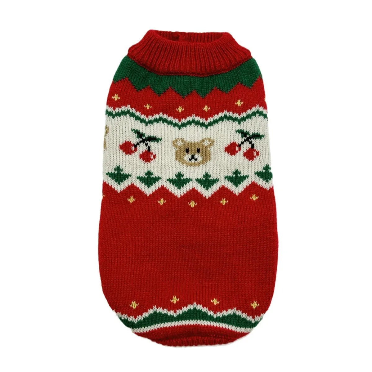 Red Christmas cherry print knitted sweater for a small dog or cat, shown in size L.