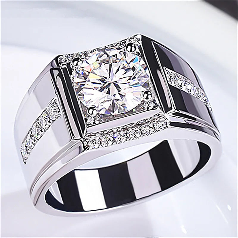 Men's adjustable imitation moissanite ring with diamond zircon stones in geometric design