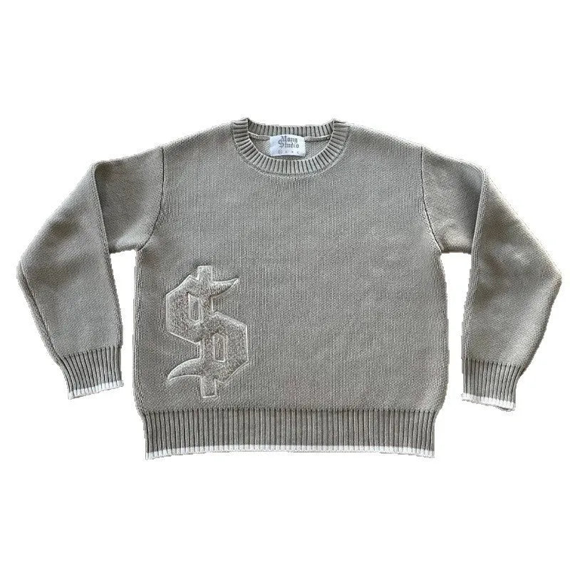Grey jacquard knitwear coat loose fitting pullover long sleeves