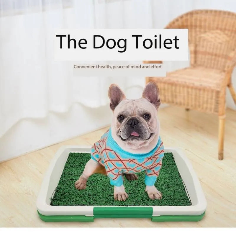 Green synthetic turf dog grass patch toilet training tray with three layers.