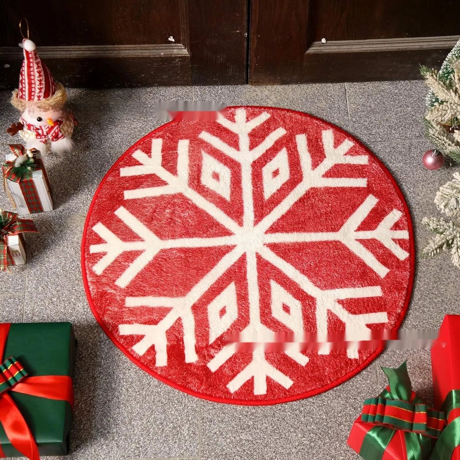 Christmas-themed printed round polyester rug on a wooden floor