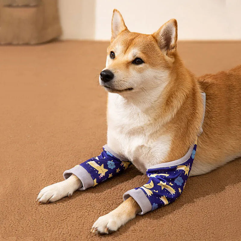 Blue dog elbow support sleeve with padded patch and matching scarf, shown with plastic buckle adjustment.