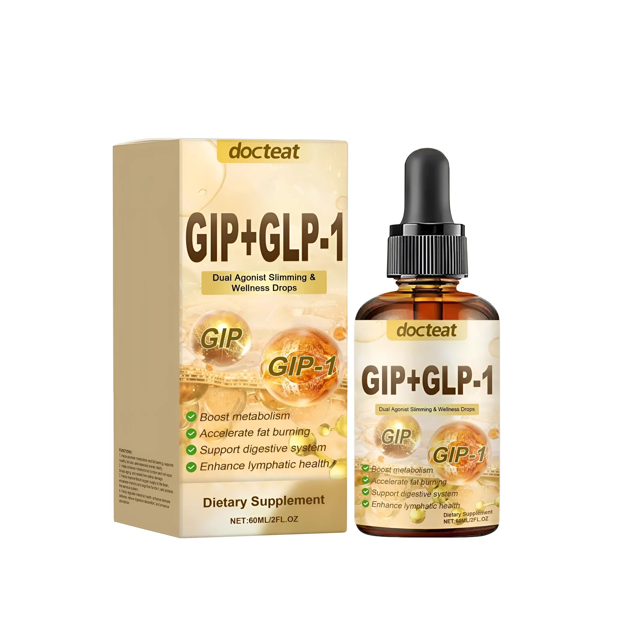 60ml bottle of Drip Health Drops liquid supplement with dropper for intestinal support.