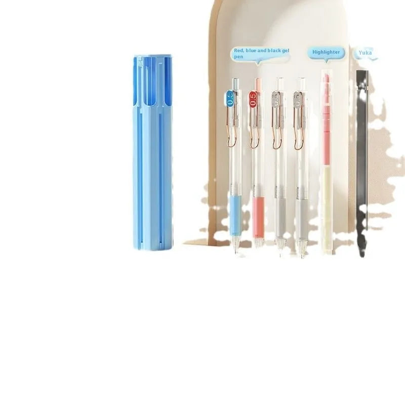 Plastic six pen pressing pencil case kit in white, blue or pink colour options