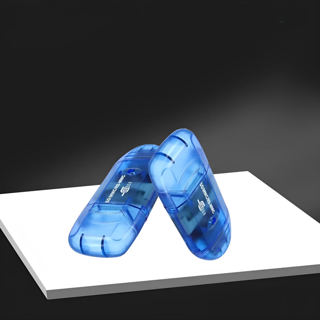 Transparent plastic USB card reader with LED light for computers, includes card holder