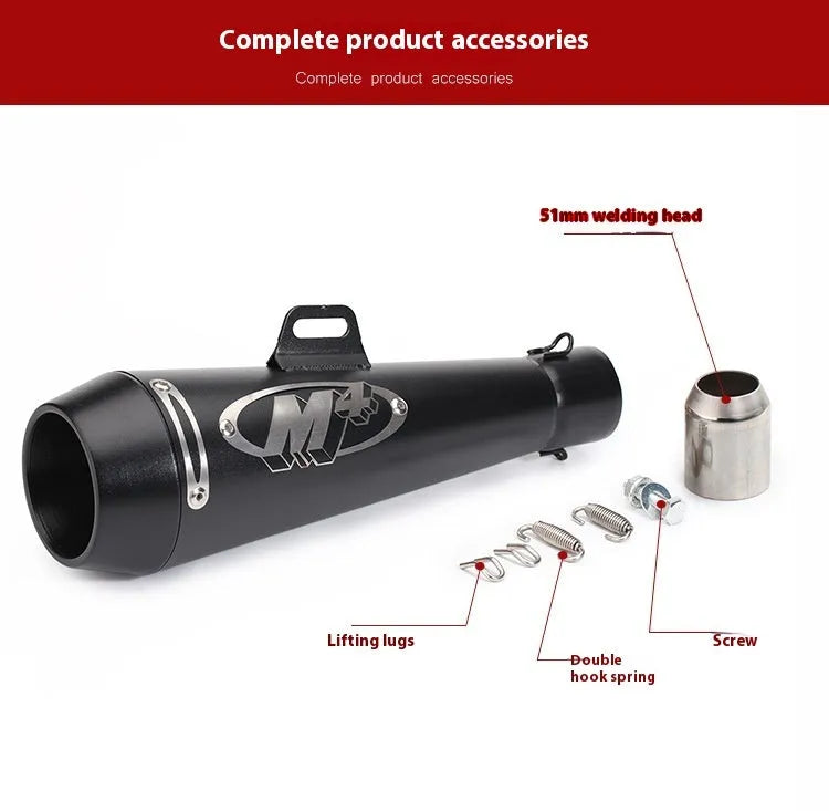 M4 universal motorcycle exhaust pipe in black finish, showing mounting hardware for large displacement bikes.