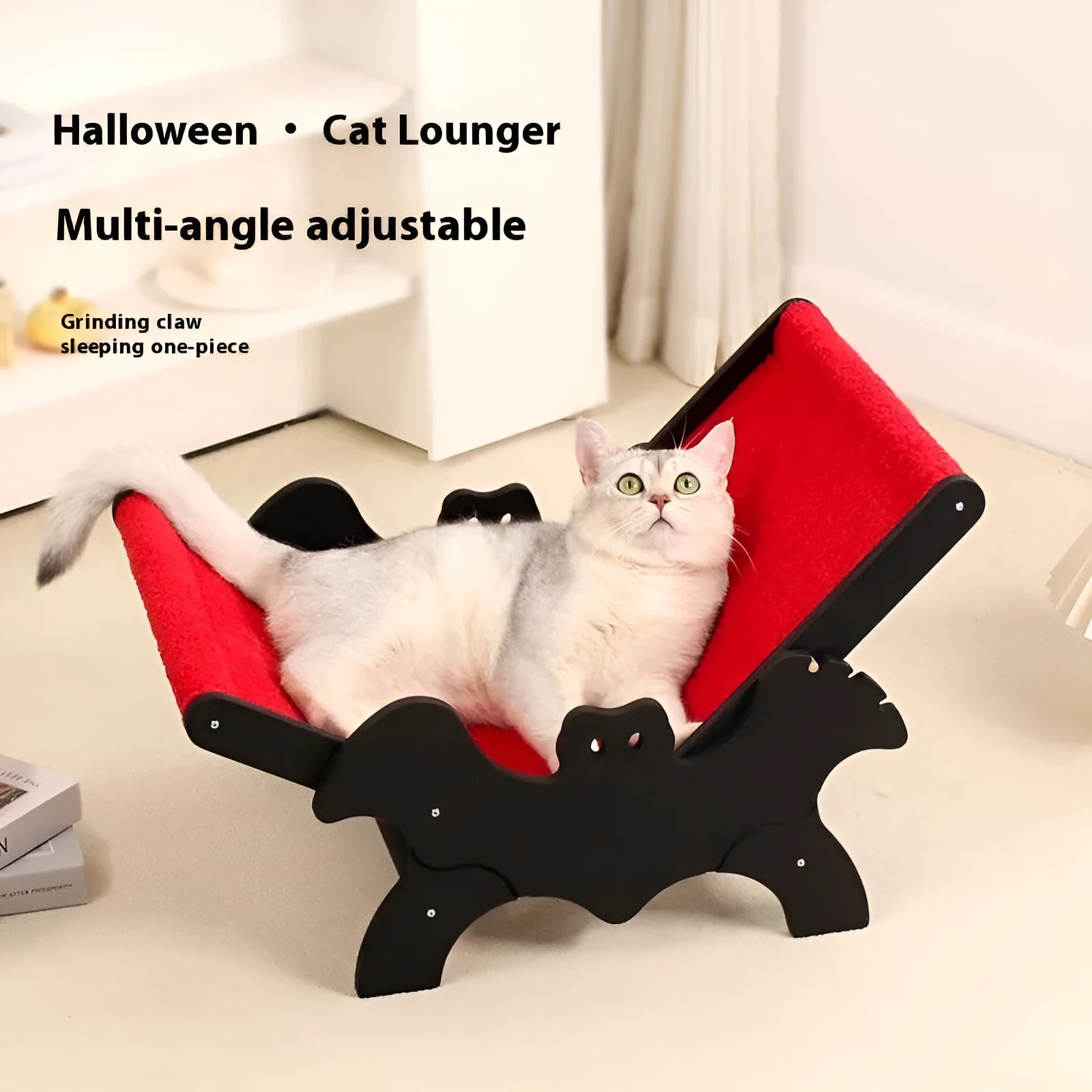 Black and red wooden bat-shaped cat recliner bed for halloween pet decor