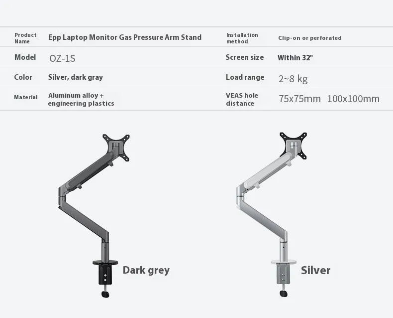 Silver aluminium laptop stand with an adjustable air-pressure arm holding a notebook