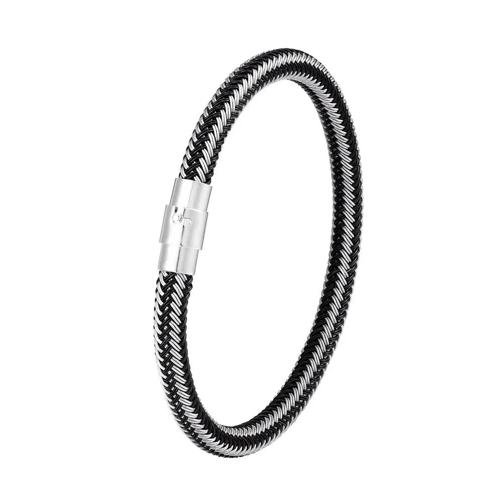 Geometric titanium steel wire bracelet with hidden magnetic clasp on a wrist, showing matte grey finish.