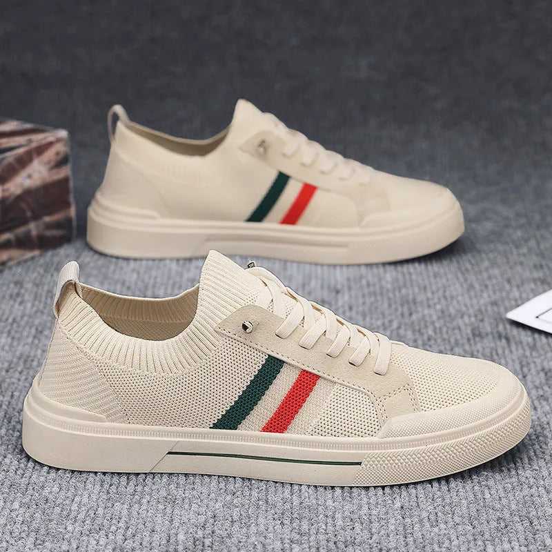 Men's knitted mesh casual sneakers with elastic band closure in beige colour