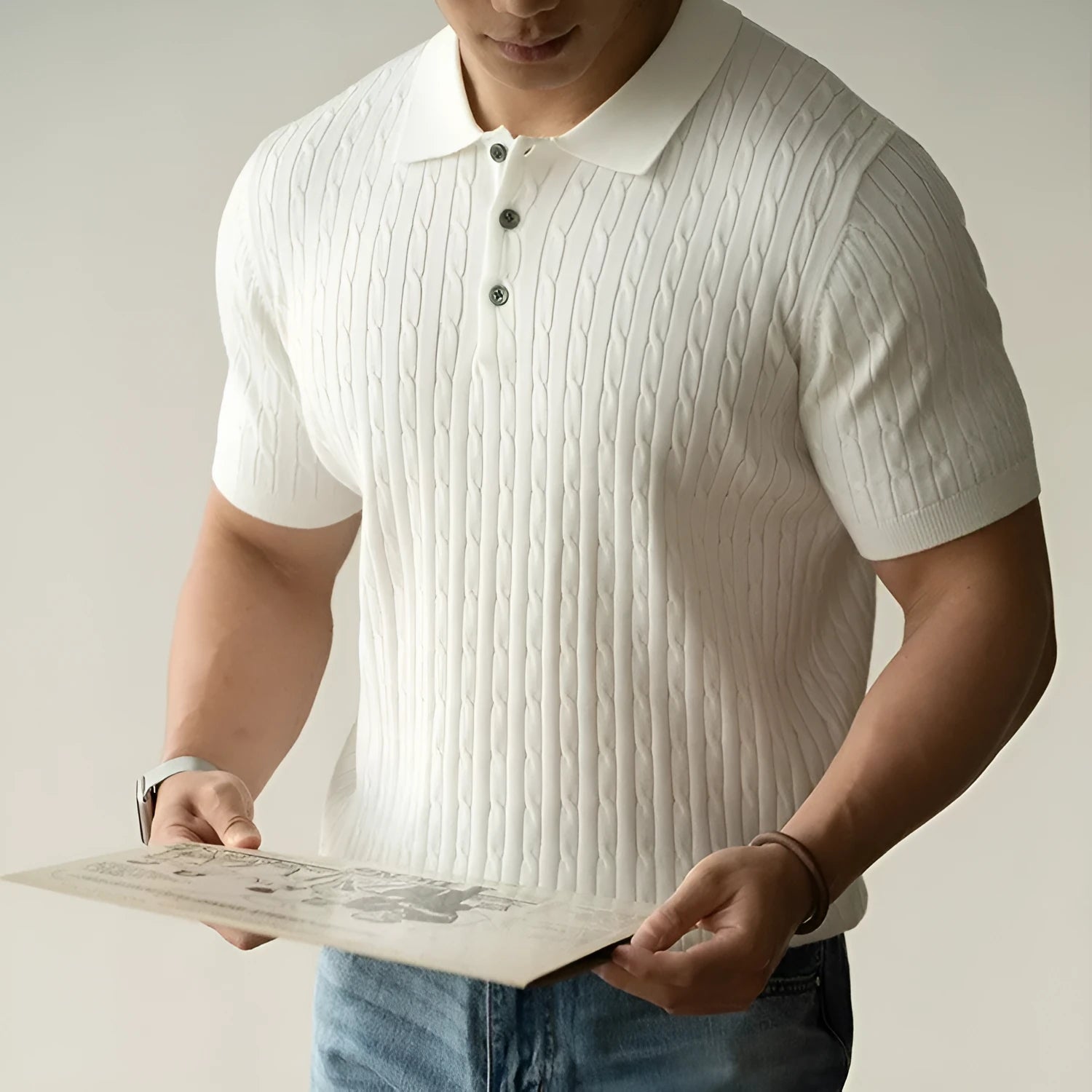 Men's khaki short-sleeve blend-fabric top for business casual and commute wear.