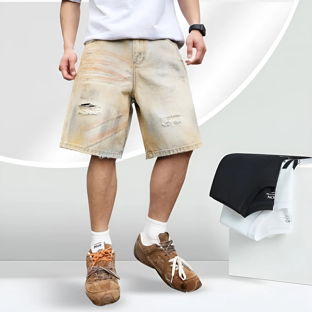 Light blue men's denim shorts with ripped details and a straight-leg fit