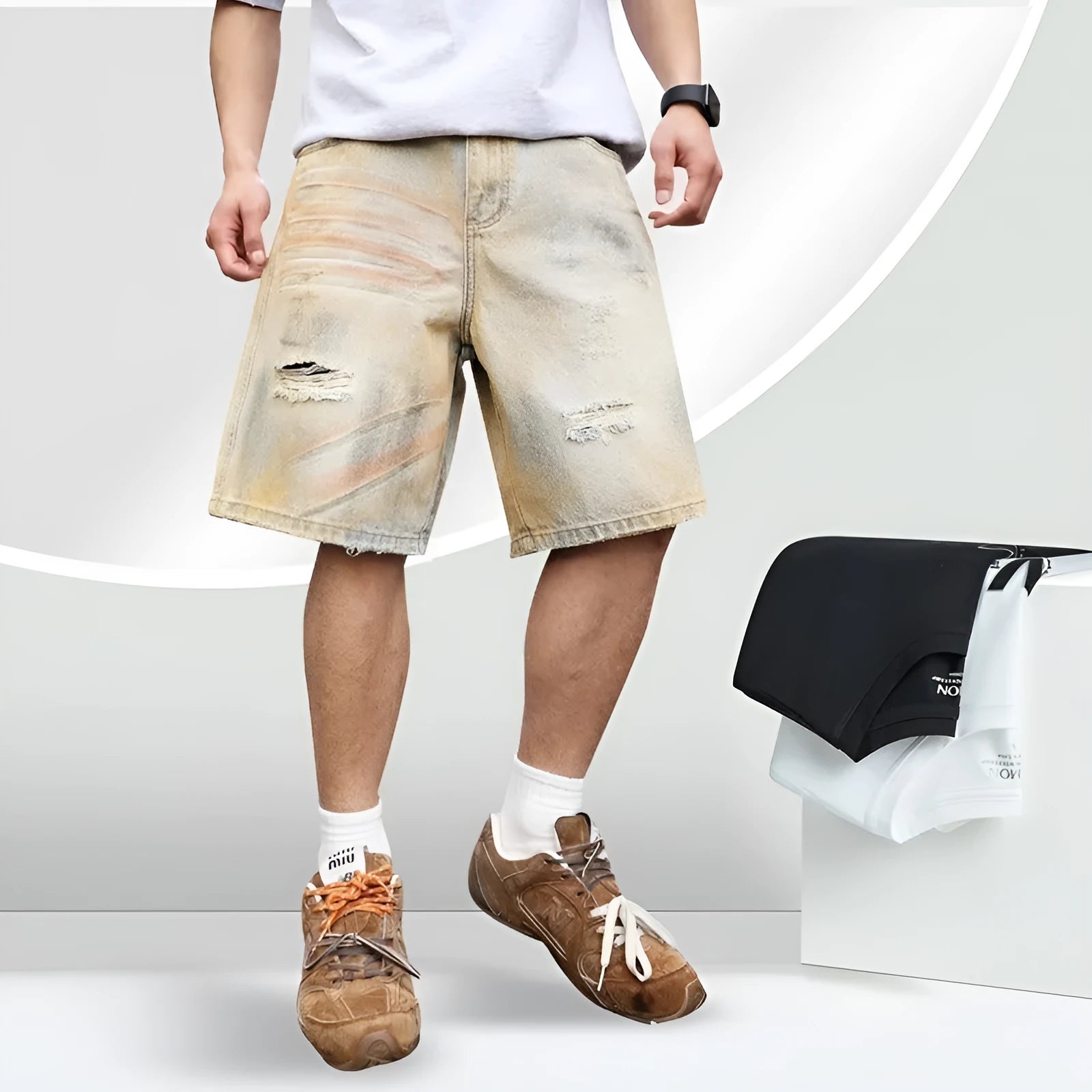 Light blue men's denim shorts with ripped details and a straight-leg fit