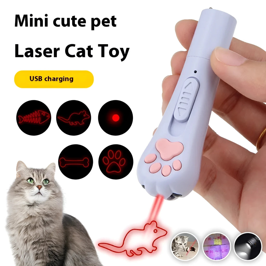 Handheld infrared cat laser toy projecting purple light patterns with colour options of blue, pink, purple, or white