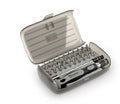 32-in-1 screwdriver tool set with multiple bits in a black plastic storage box.